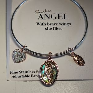 Angel Wing Bangle Charm Bracelet Stainless Steel Engraved Mother Of Pearl Crysta